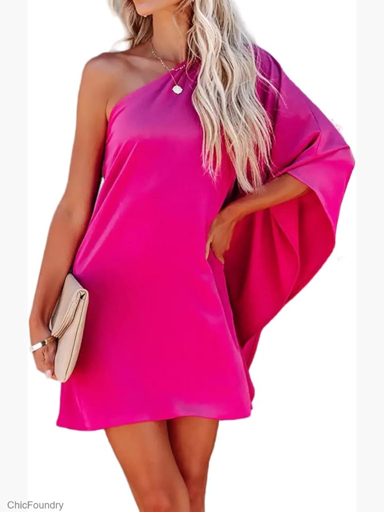 One Shoulder Ruffle Sleeve Cocktail Dress With Batwing Sleeve